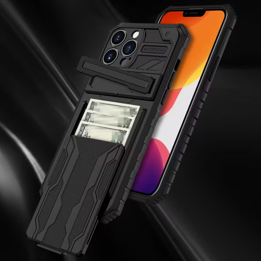 iPhone 15 Pro Heavy Duty Shockproof Case With Card Holder & Kickstand (Black) - ShopHub