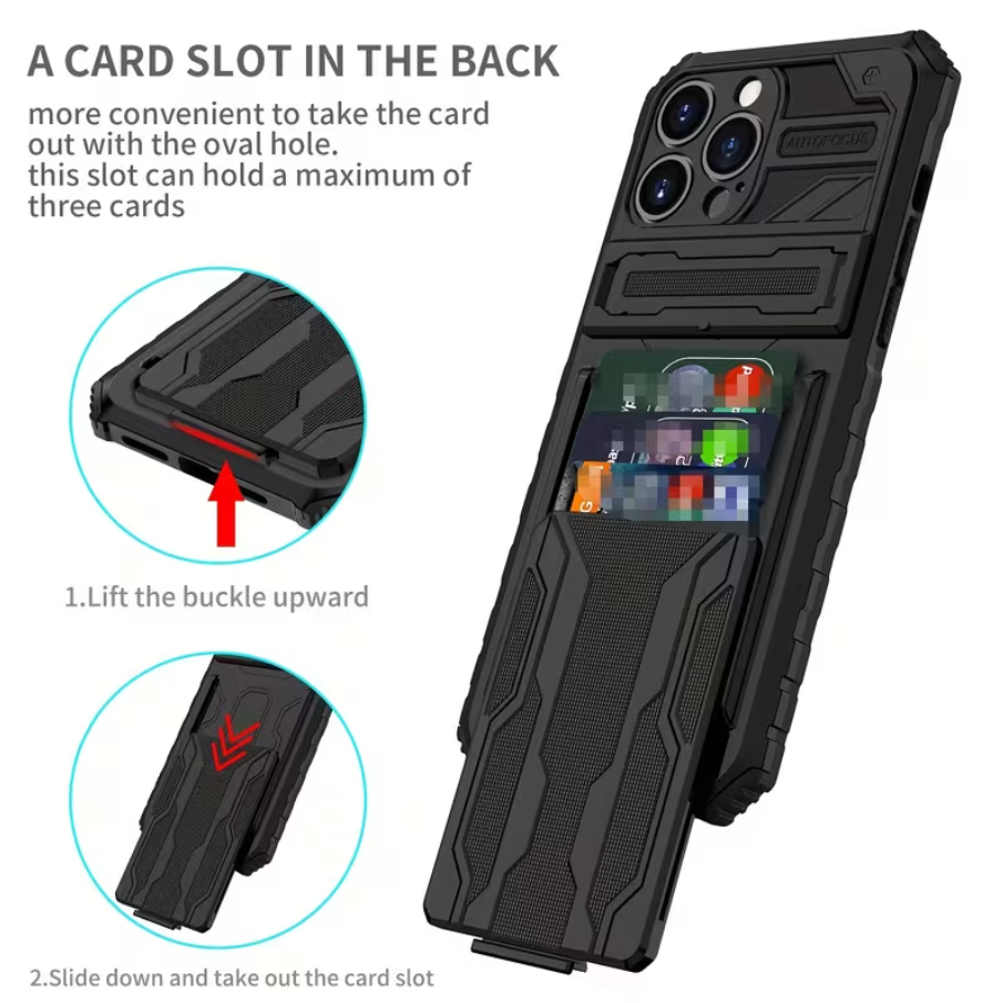 iPhone 15 Pro Max Heavy Duty Shockproof case With Card Holder & Kickstand (Black) - ShopHub