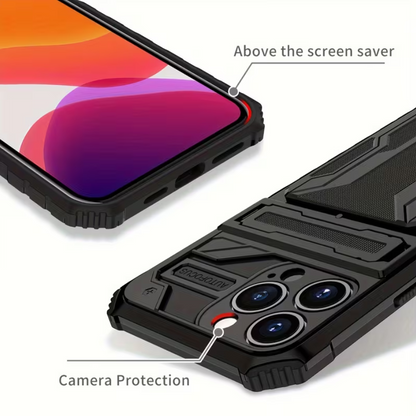 iPhone 15 Pro Max Heavy Duty Shockproof case With Card Holder & Kickstand (Black) - ShopHub