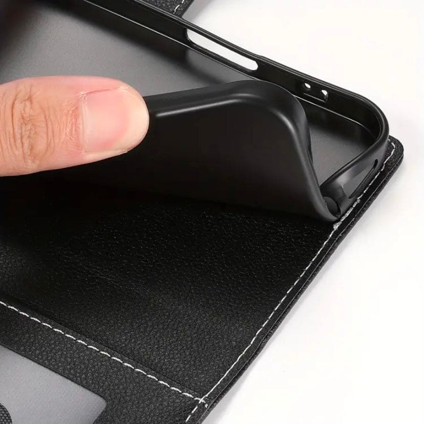 9eight5 flip case for iPhone 16e (6.1-inch), available in three colors, shown on a smartphone with a protective cover.