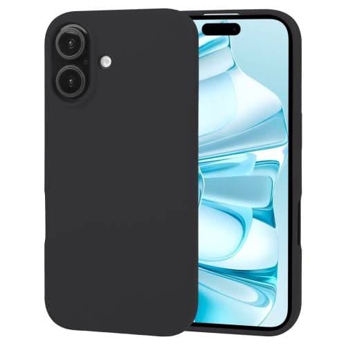 Black silicone case for iPhone 16e (6.1-inch) by 9eight5, shown covering the phone with a smooth, protective fit.