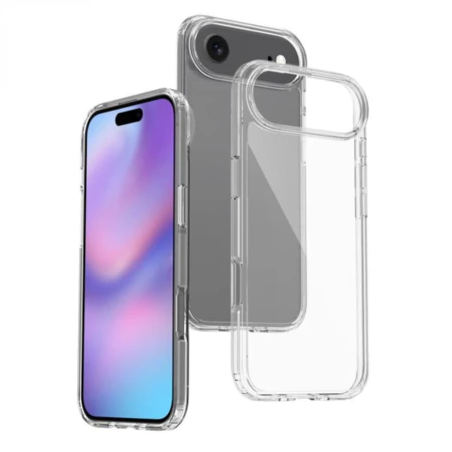 Clear protective case for iPhone 17 Air with built-in screen protector, by 9eight5, showing the slim, transparent design on the device.
