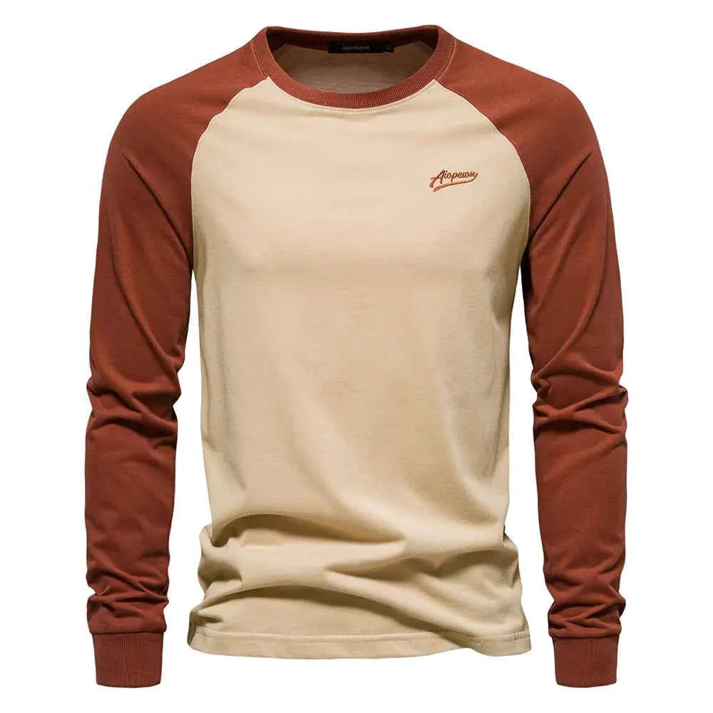 Men's Cotton Long Sleeve Color Block T-Shirt - Casual Comfort & Style