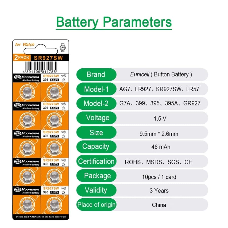 399 / 395 / SR927SW Watch Batteries for Koonenda (10 Pack) That Watch Shop