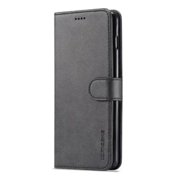 Black leather flip case for Samsung Galaxy, 9eight5 brand by Habicare, designed to protect and stylishly carry your phone.