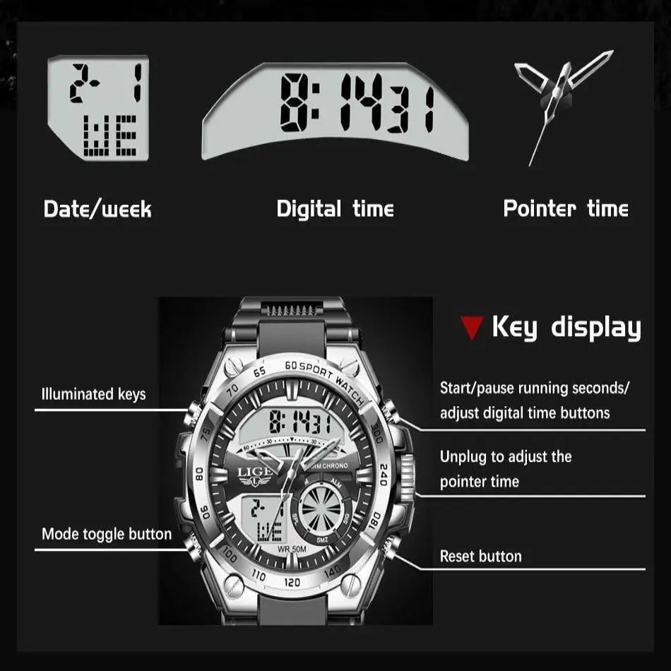 LIGE Men's Digital Sports Watch – LED Display, Quartz Movement, Stopwatch (4 designs available) Habicare
