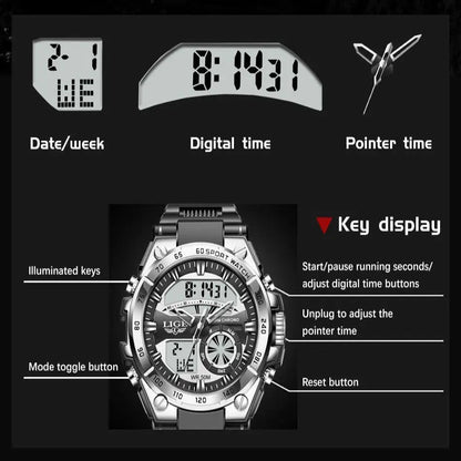 LIGE Men's Digital Sports Watch – LED Display, Quartz Movement, Stopwatch (4 designs available) Habicare