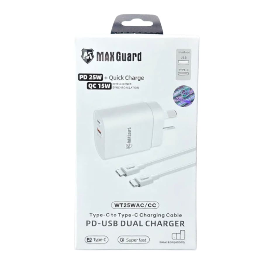 Maxguard Type C & USB Power Adapter Wall Plug (NZ / AUS), With Type C to Type C Cable 9eight5