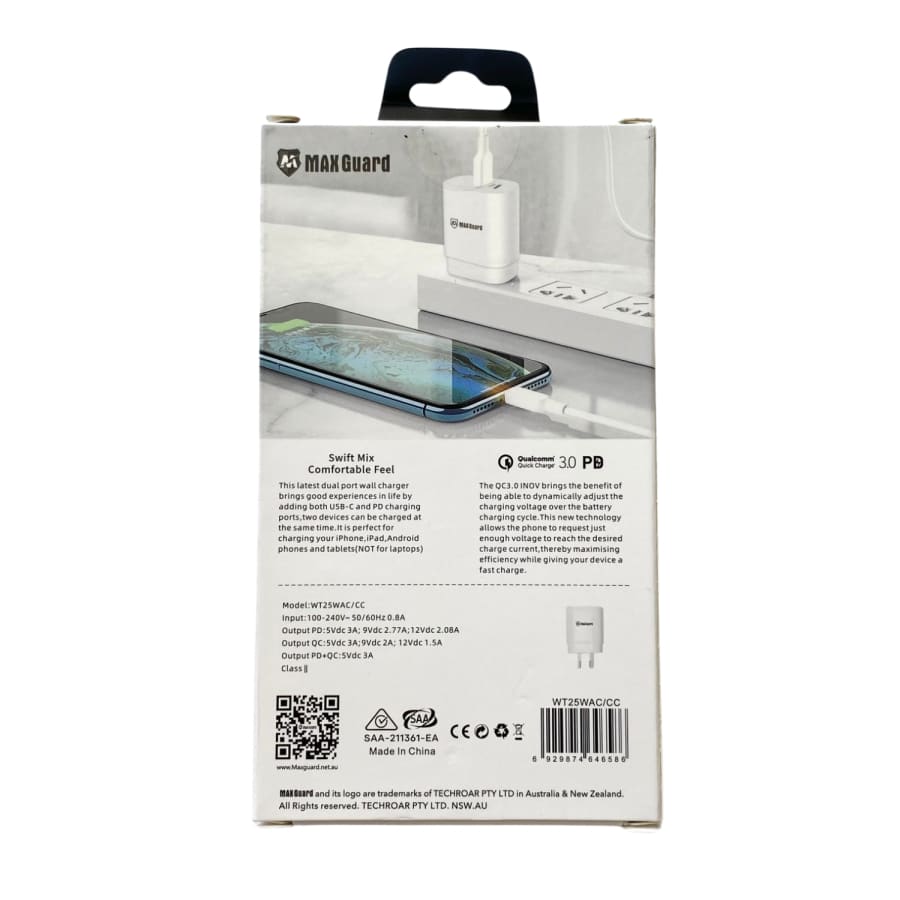 Maxguard Type C & USB Power Adapter Wall Plug (NZ / AUS), With Type C to Type C Cable 9eight5