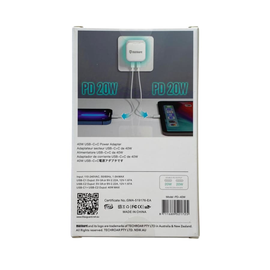Maxguard Type C dual-port power adapter wall plug for NZ/AUS, 20W USB charger for smartphones and devices.