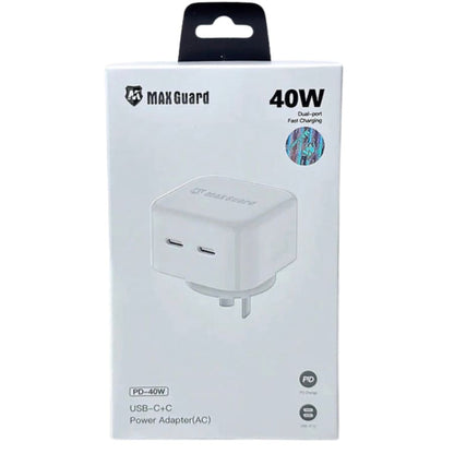 Maxguard Type C power adapter wall plug with two USB-C ports, white 40W charger for NZ and AUS outlets.