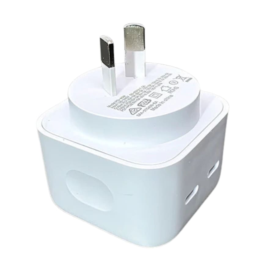 White Maxguard Type C power adapter with two ports for NZ and AUS wall outlets, suitable for charging electronic devices.
