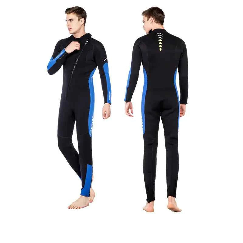 Blue one-piece neoprene wetsuit from Mead's Supply & Equipment Outfitters, ideal for surfing and diving in all seasons.