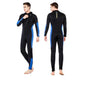 Blue one-piece neoprene wetsuit by Mead's Supply & Equipment Outfitters, designed for warm surfing and diving all seasons, unisex athletic wear.