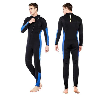 Blue Mead's Supply & Equipment wetsuit, unisex one-piece neoprene suit for surfing and diving, suitable for all seasons and watersports.