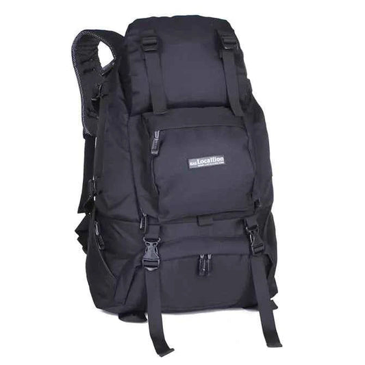 Black 40L waterproof hiking backpack by Mead's Supply & Equipment Outfitters, lightweight polyester outdoor pack with multiple color options.