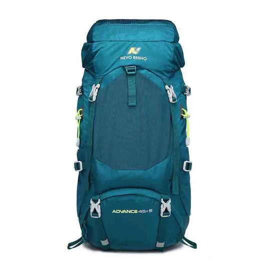 Blue Mead's Supply professional mountaineering backpack, 50L hiking pack with rain cover and multiple compartments for outdoor adventures.
