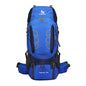 Blue 60L outdoor hiking backpack by Mead's Supply & Equipment Outfitters with water-resistant design for outdoor adventures.