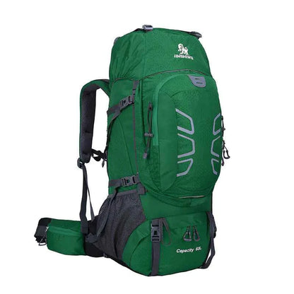 Blue 60L outdoor hiking backpack by Mead's Supply & Equipment Outfitters with water-resistant design for outdoor adventures.