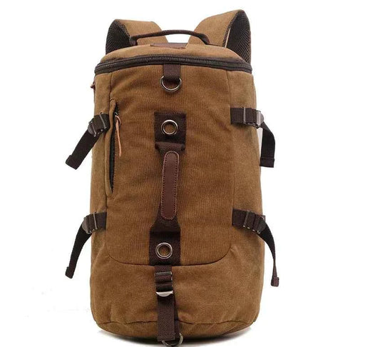 Brown 50L canvas hiking backpack by Mead's Supply & Equipment Outfitters with retro style, leather accents, men's outdoor travel rucksack