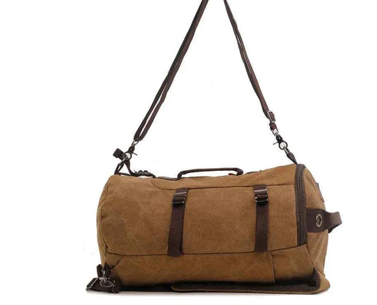 Brown 50L canvas hiking backpack with retro style, leather accents, men's outdoor rucksack for travel and outdoor adventures.