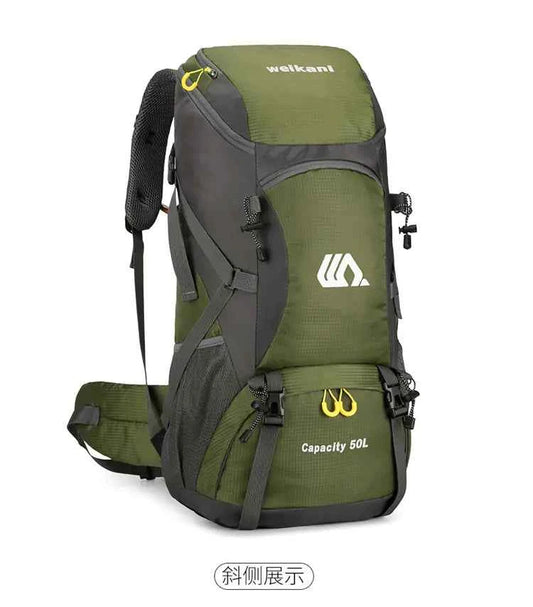 Lake blue 50L camping backpack for men and women from Mead's Supply & Equipment Outfitters, featuring multiple compartments and adjustable straps.