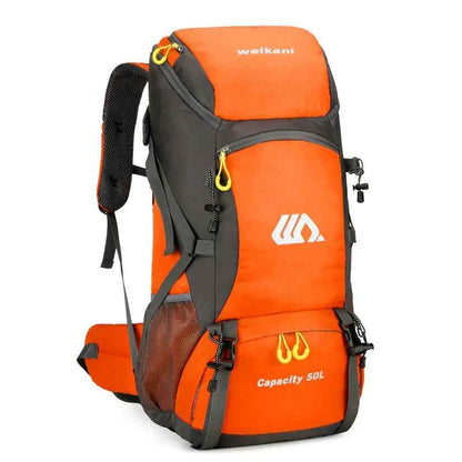Lake blue Mead's Supply & Equipment Outfitters camping backpack for men and women, 50L hiking backpack with multiple compartments.