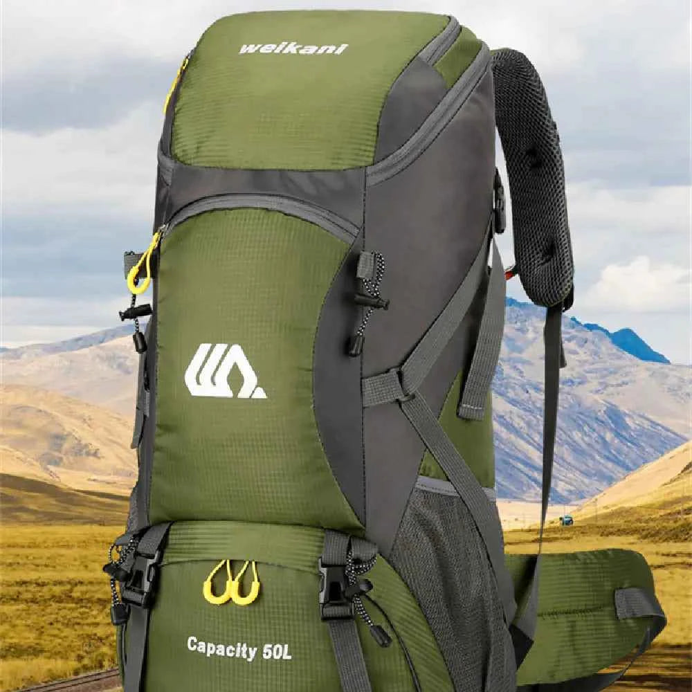 Lake blue men's and women's camping backpack from Mead's Supply & Equipment Outfitters, 50L hiking backpack with multiple compartments.