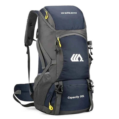 Lake blue Mead's Supply & Equipment Outfitters camping backpack for men and women, 50L hiking backpack with multiple compartments.