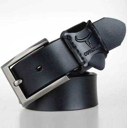 Black genuine leather men's casual and business belt by Mead's Supply & Equipment Outfitters, 100cm length with a sleek buckle.