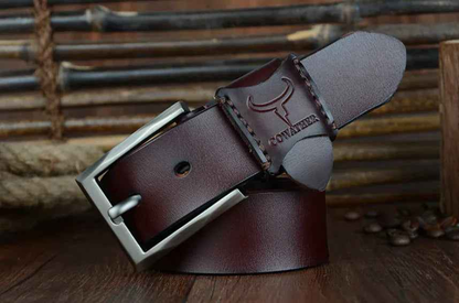 Black Mead's Supply & Equipment Outfitters genuine leather men's belt, 100cm, casual and business style, with a polished buckle.