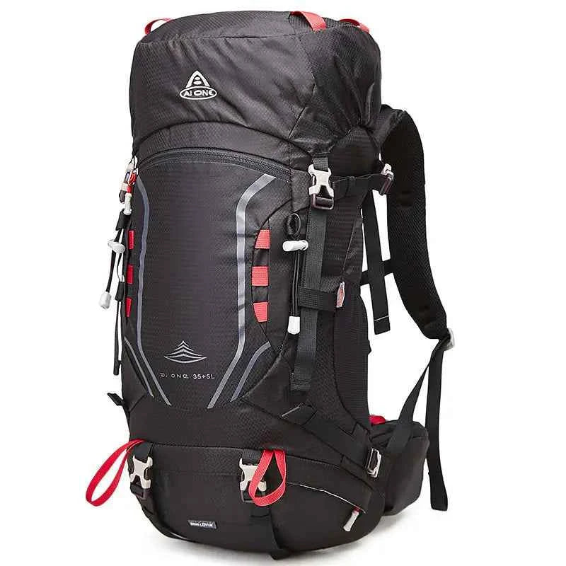 Large black hiking shoulder bag backpack by Mead's Supply & Equipment Outfitters, 40L capacity, ideal for outdoor adventures.
