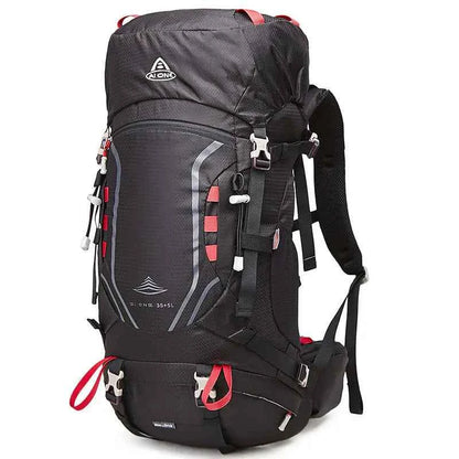 Large black hiking shoulder bag backpack by Mead's Supply & Equipment Outfitters, 40L capacity, ideal for outdoor adventures.