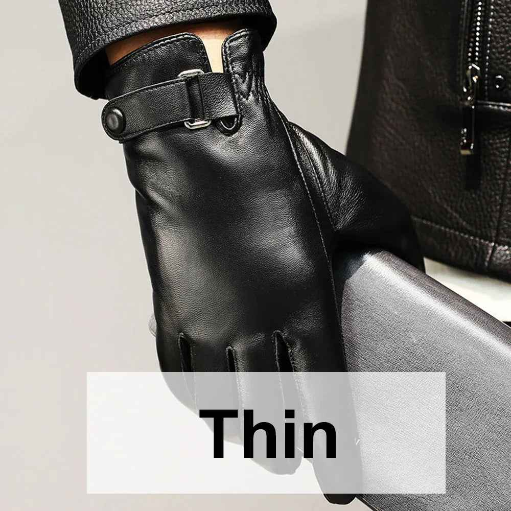 Black leather gloves with velvet lining from Mead's Supply & Equipment Outfitters, showing close-up of soft, durable material.