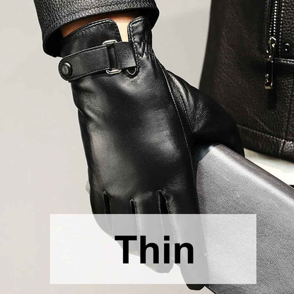 Black leather gloves with velvet lining from Mead's Supply & Equipment Outfitters, showing close-up of soft, durable material.