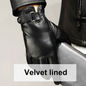 Black leather gloves by Mead's Supply & Equipment Outfitters with velvet lining, designed for warmth and style.
