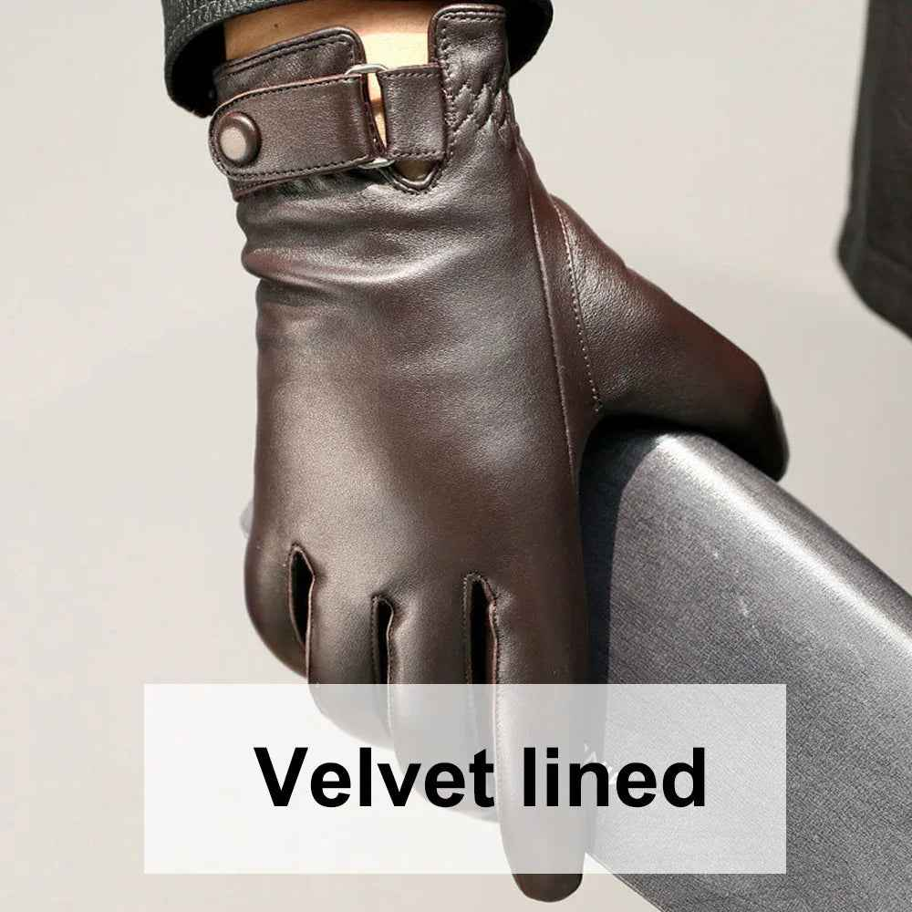 Black leather gloves with velvet lining from Mead's Supply & Equipment Outfitters, shown close-up on a white background.