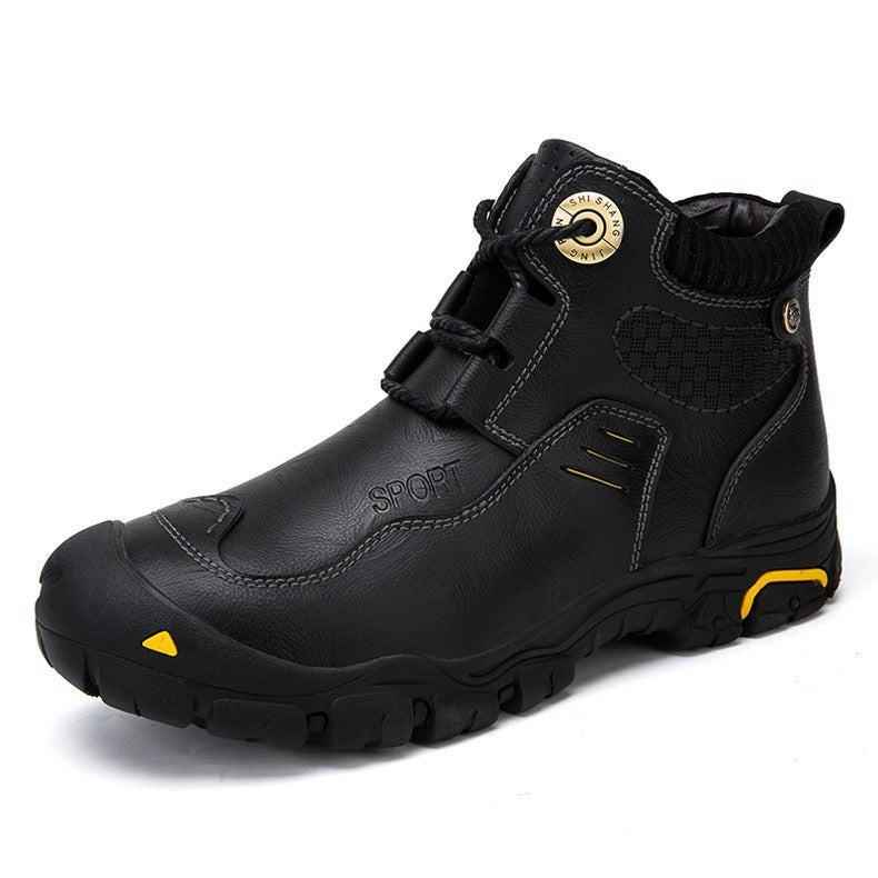 Brown leather high-top shoes by Mead's Supply & Equipment Outfitters Limited, showing detailed stitching and sturdy design.