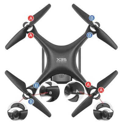 Mead's Supply X35 4K drone with gimbal showcasing camera and propellers, with extended flight time and long-range capabilities.