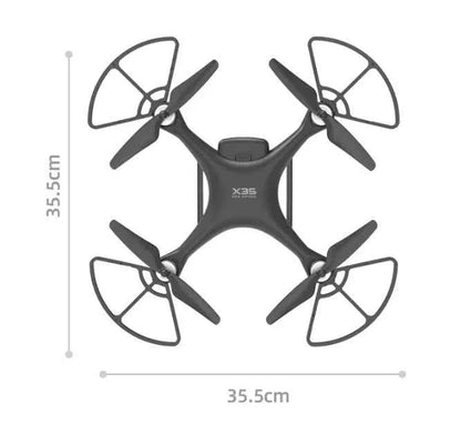Mead's Supply X35 4K drone with gimbal, showcasing sleek design, camera setup, and remote controller for professional aerial footage.