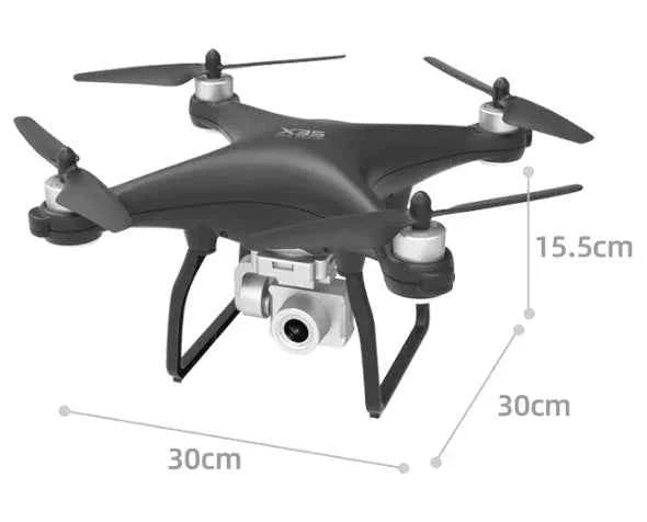Mead's Supply X35 4K drone with gimbal, showing sleek design, camera setup, and remote controller for professional aerial footage.