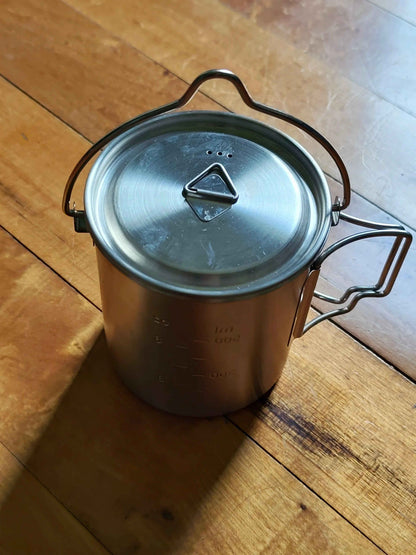 750ml stainless steel camp cook pot with lid and hanging hook, Fire and Gas compatible, by Mead's Supply & Equipment Outfitters