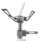 Mead's Supply & Equipment Outfitters stainless steel folding camping gas stove, ultra-light portable backpacking burner for outdoor cooking.