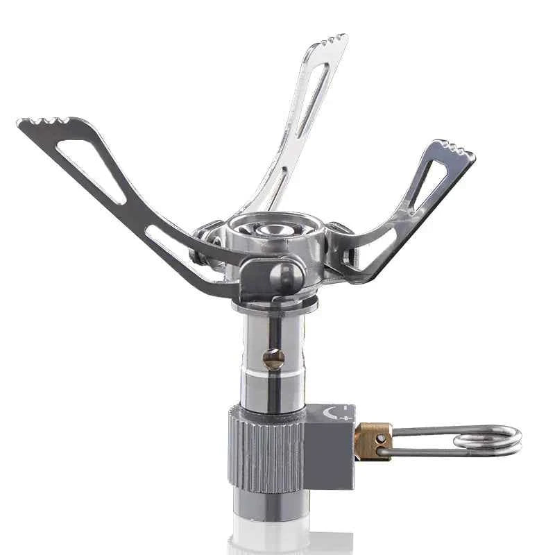 Mead's Supply & Equipment Outfitters stainless steel folding camping gas stove, ultra-light portable backpacking burner.