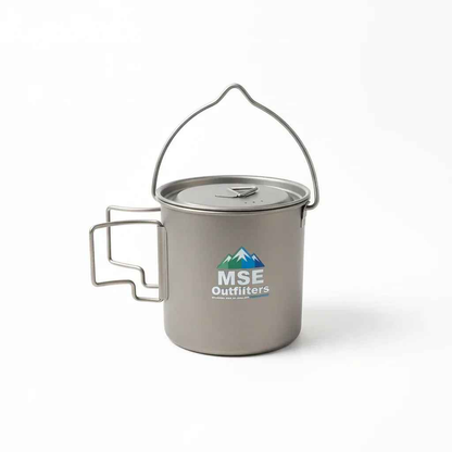 Titanium camping cookware pot by Mead's Supply & Equipment Outfitters, 750ml ultralight camp cooking pot with handles.