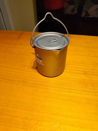 Titanium camping cookware pot by Mead's Supply & Equipment Outfitters, 750ml ultralight camp cookware for outdoor cooking.