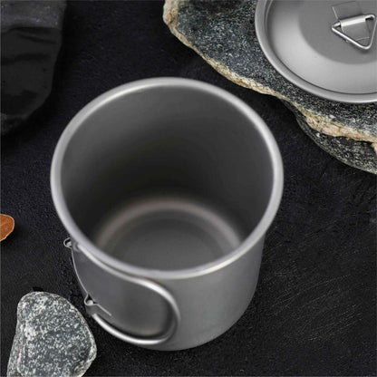 Titanium folding camping cup with lid, lightweight and collapsible travel mug for outdoor camping and hiking by Mead's Supply & Equipment