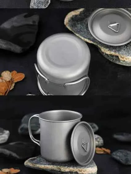 Titanium folding camping cup with lid from Mead's Supply & Equipment Outfitters, collapsible and lightweight outdoor drinkware.