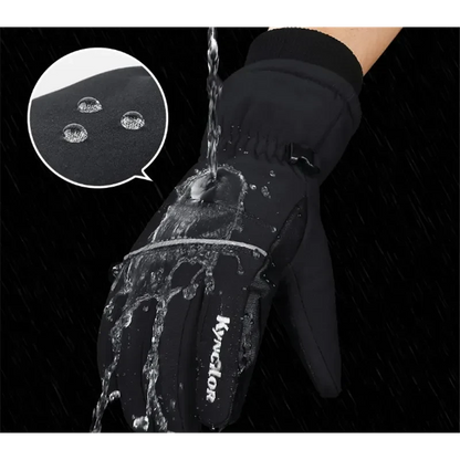 Black thickened ski gloves from Mead's Supply & Equipment Outfitters, featuring touch screen compatibility for cold weather sports.
