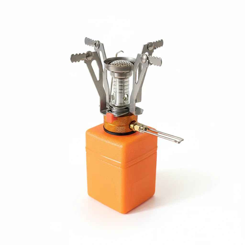 Complete camping kitchen bundle by Mead's Supply, including pot, burner, and titanium utensil for outdoor cooking.